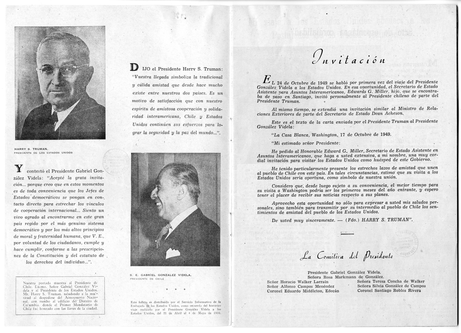 Pamphlet of the Visit to the United States of President Gabriel Gonzalez Videla of Chile