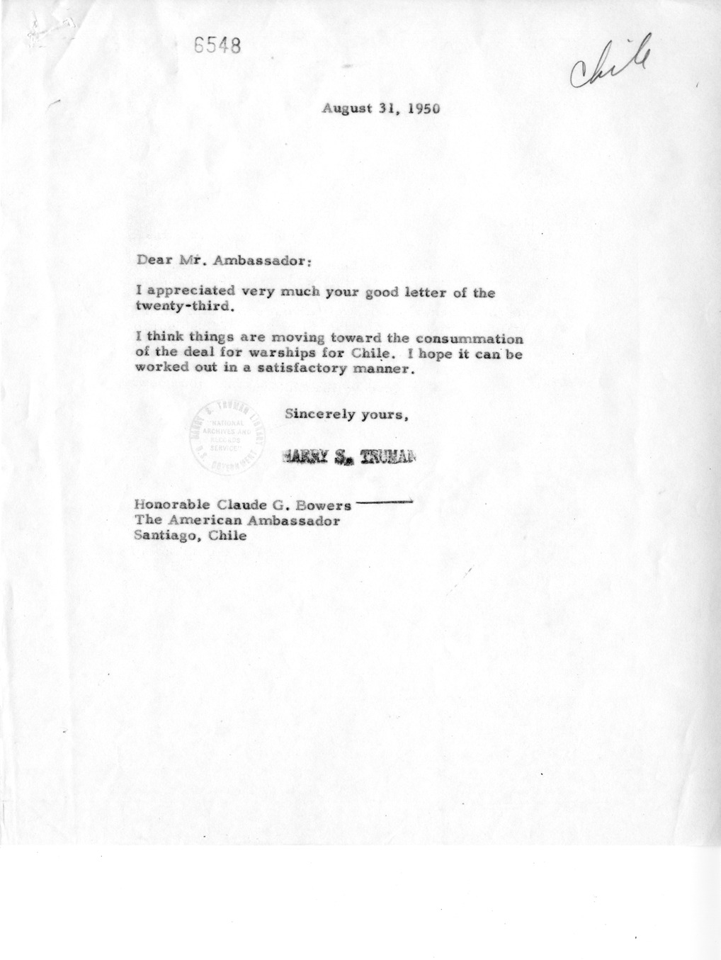 Correspondence Between President Harry S. Truman and Ambassador Claude Bowers