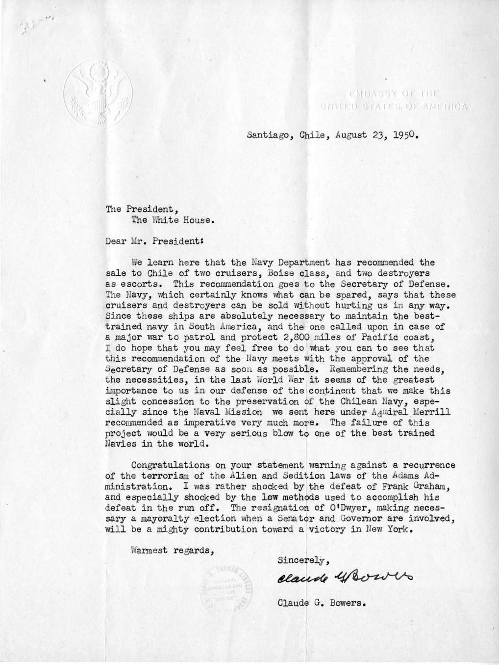 Correspondence Between President Harry S. Truman and Ambassador Claude Bowers