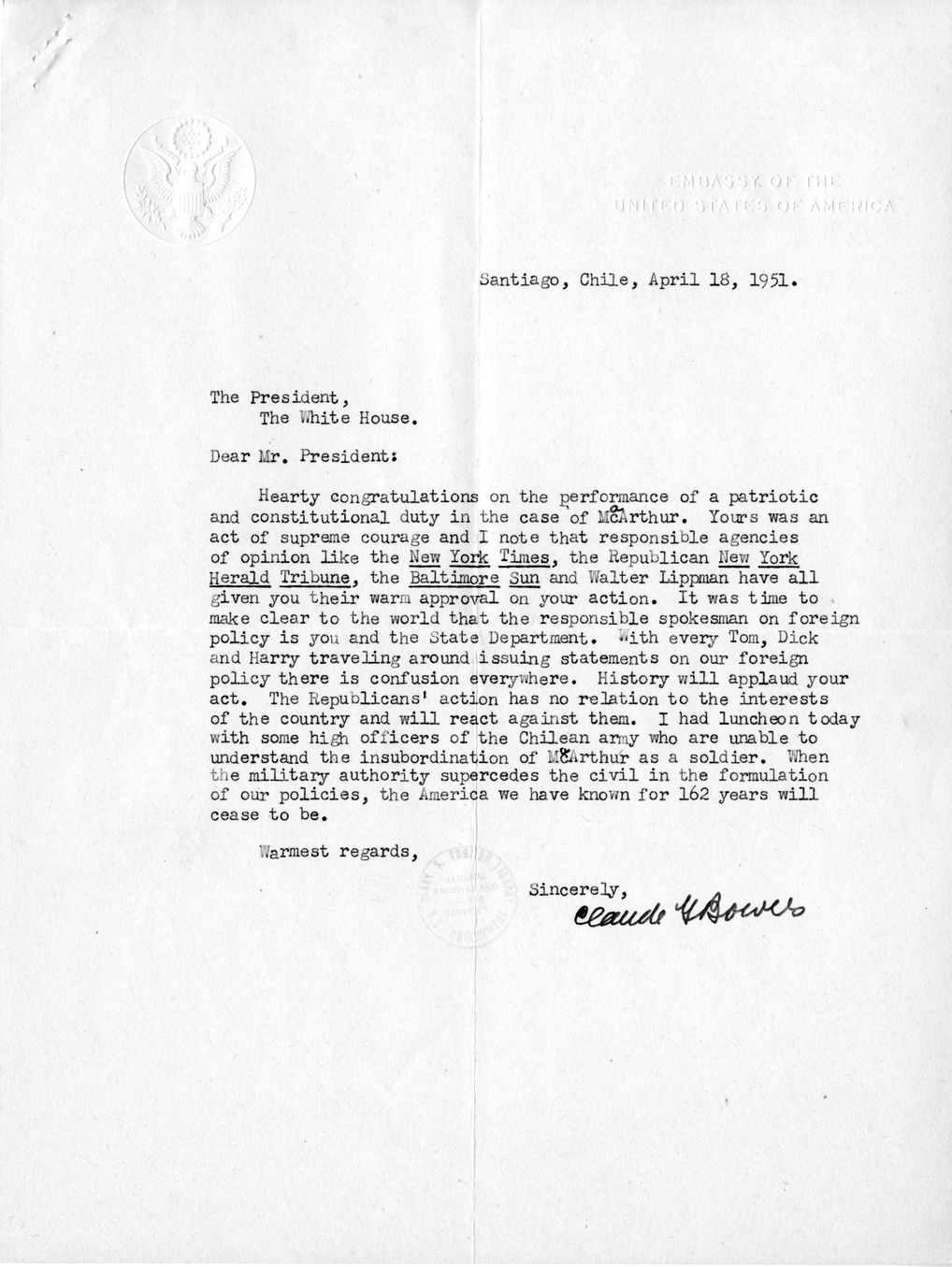 Correspondence Between President Harry S. Truman and Ambassador Claude Bowers