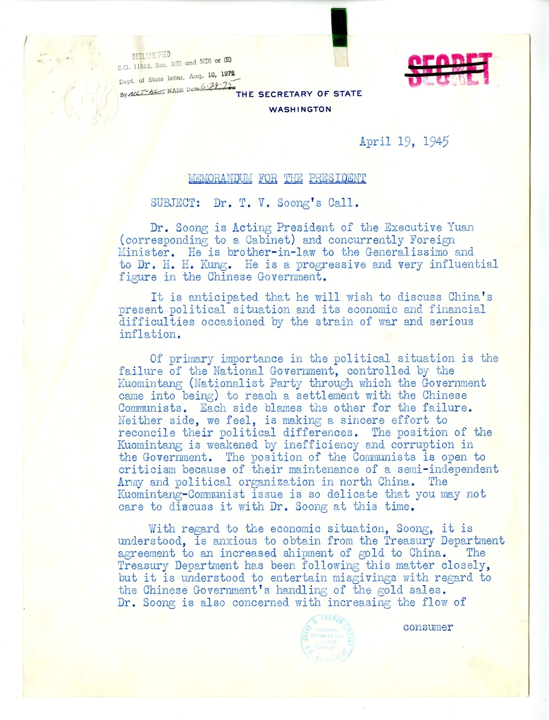 Memorandum from Secretary of State Edward Stettinius to President Harry S. Truman
