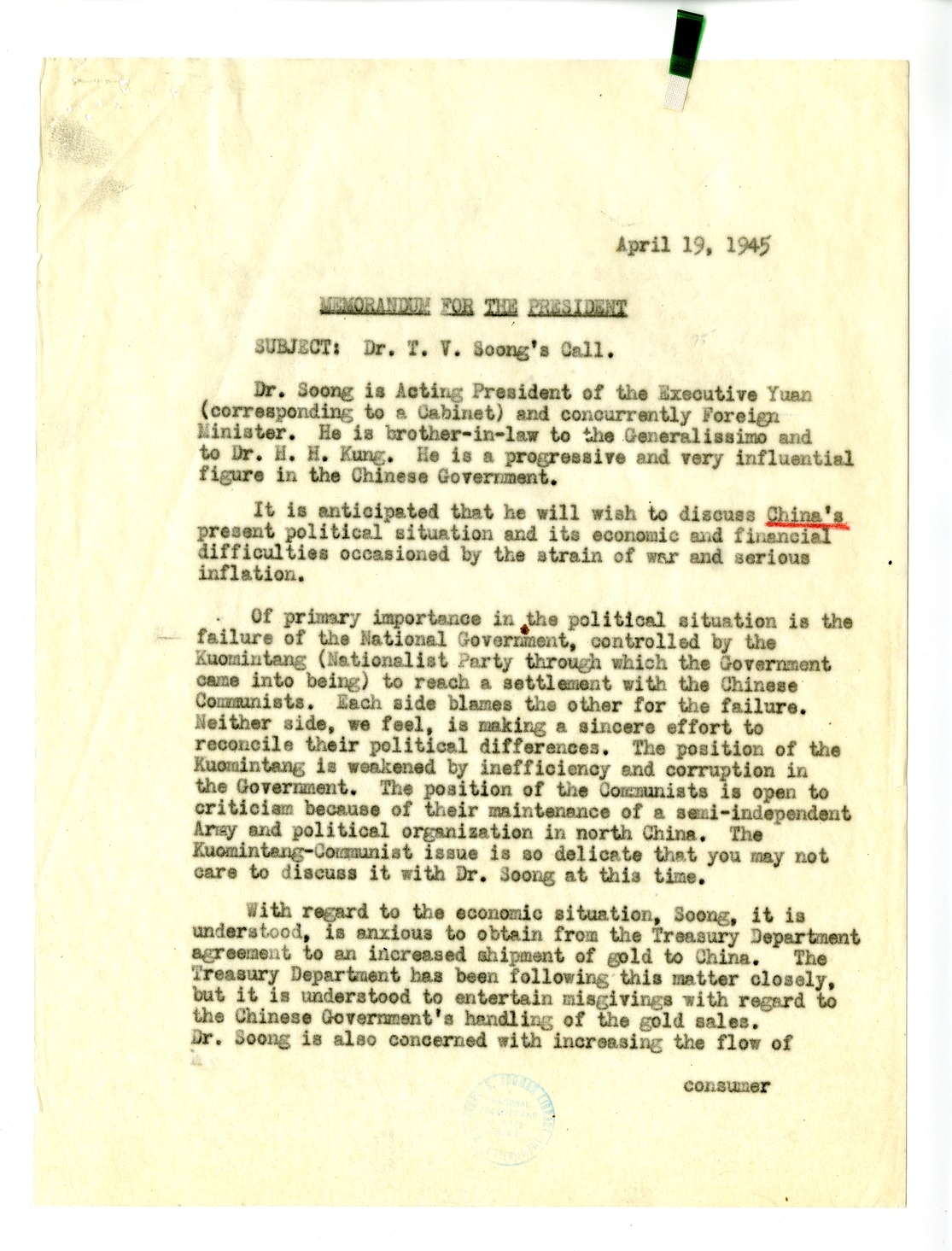 Memorandum from Secretary of State Edward Stettinius to President Harry S. Truman