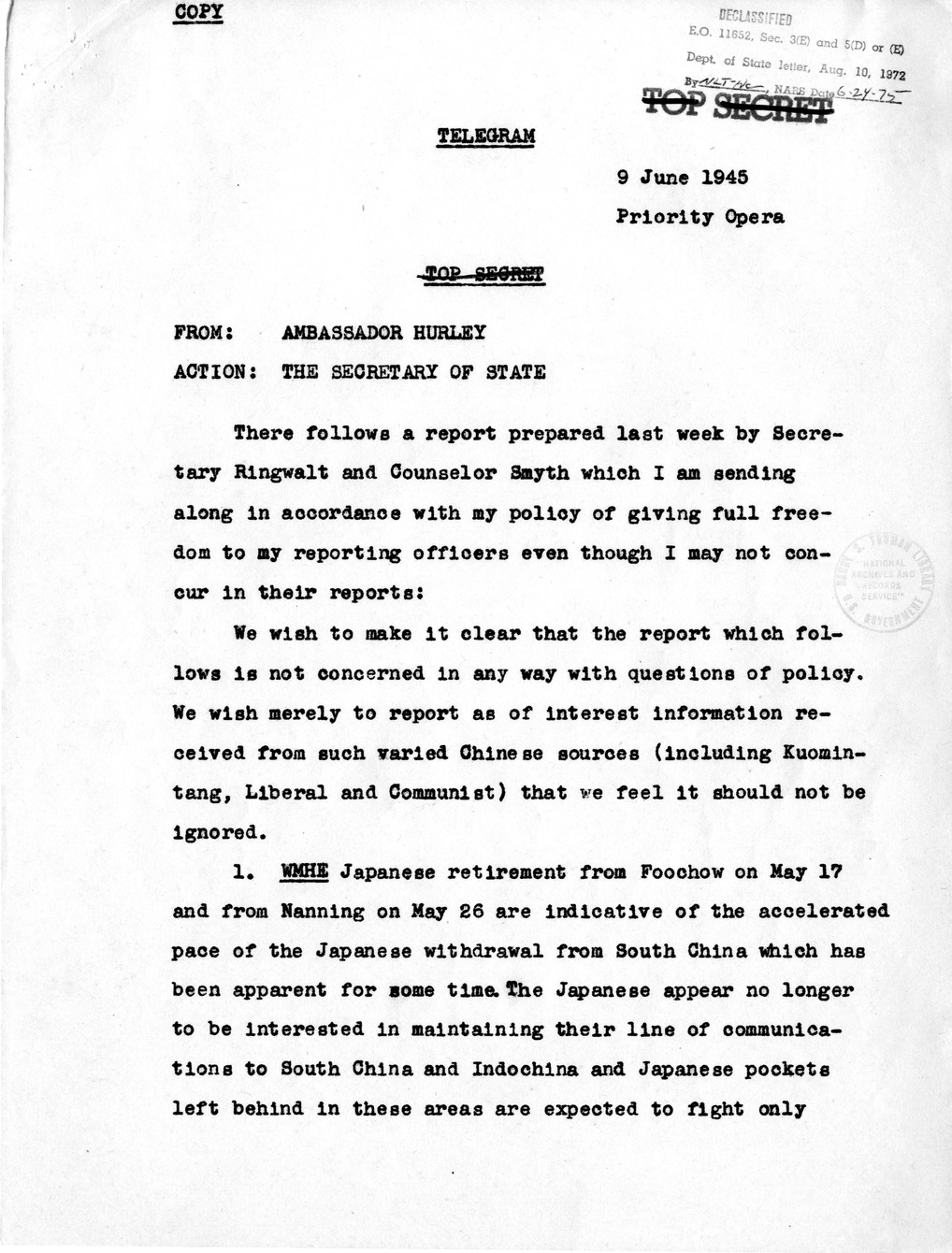 Memorandum from Joseph Grew to President Harry S. Truman, with Attachments