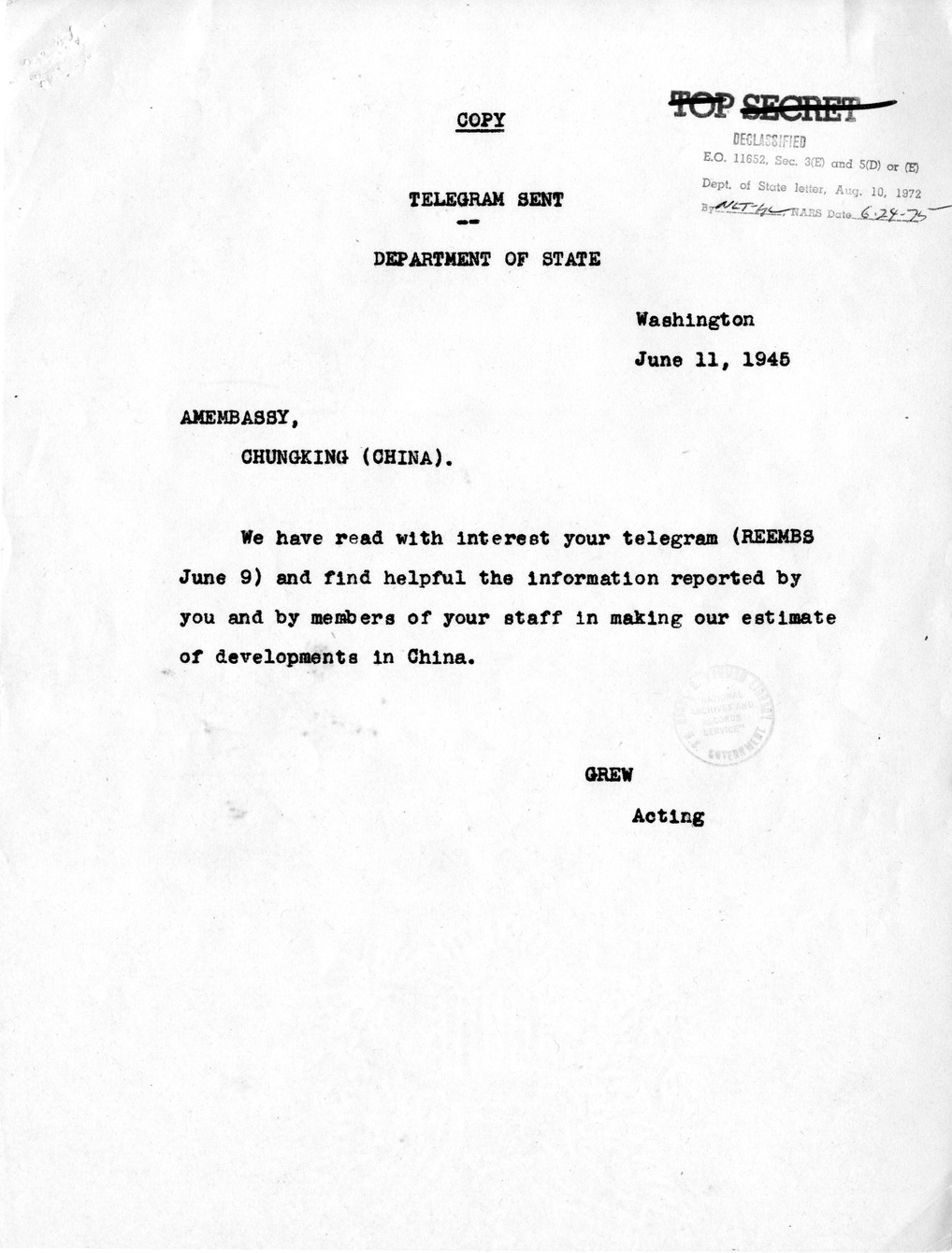 Memorandum from Joseph Grew to President Harry S. Truman, with Attachments