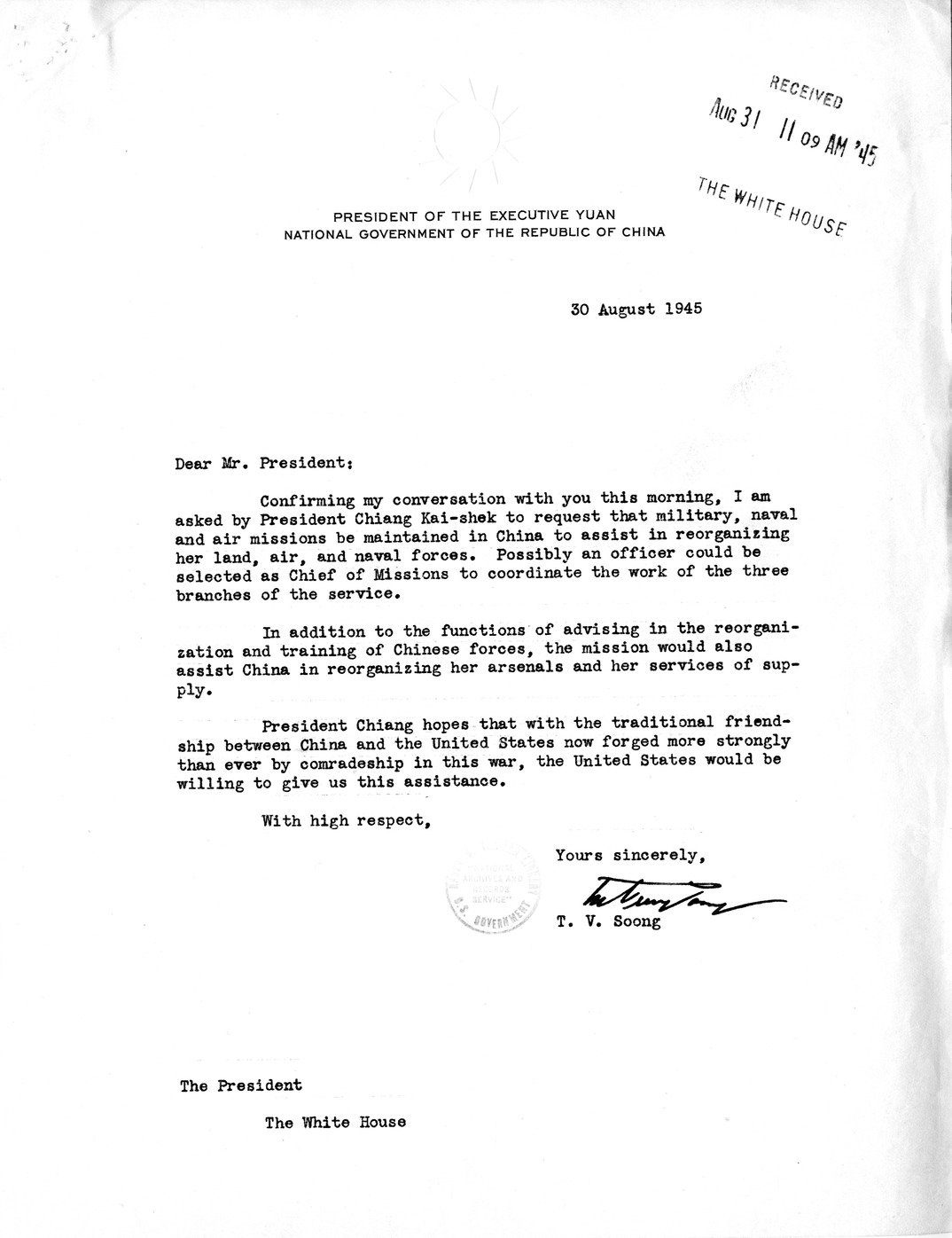 Correspondence from T.V. Soong to President Harry S. Truman