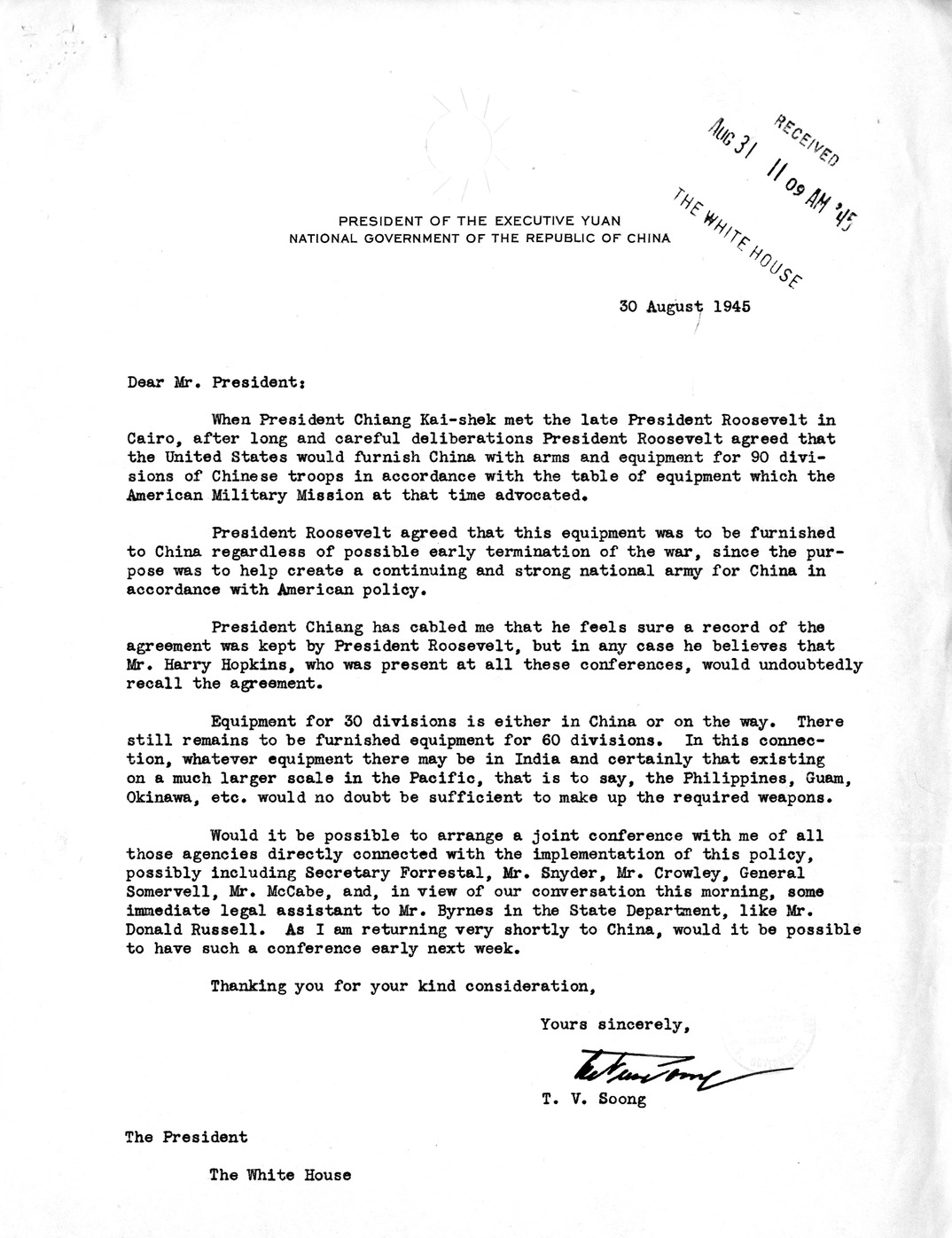 Correspondence from T.V. Soong to President Harry S. Truman