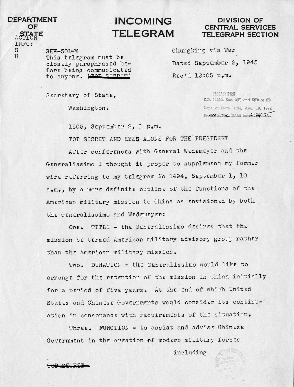 Memorandum from Secretary of State James Byrnes to President Harry S. Truman, with Attachments