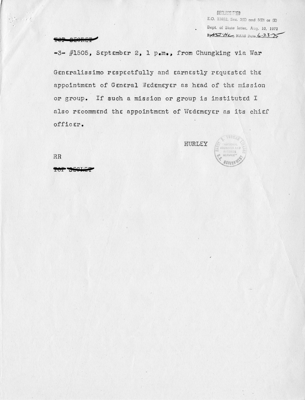 Memorandum from Secretary of State James Byrnes to President Harry S. Truman, with Attachments