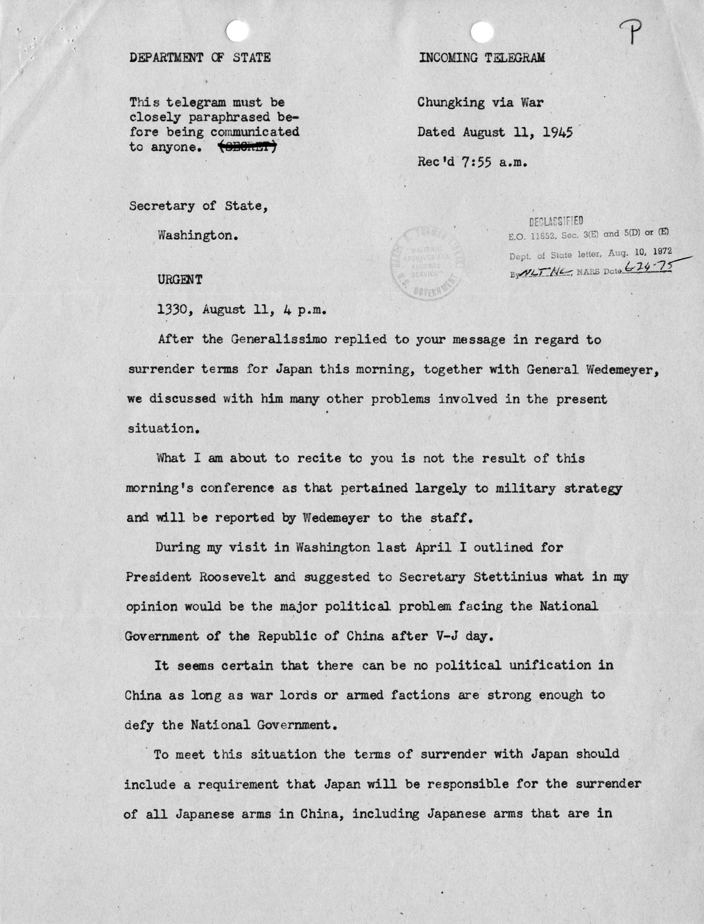 Memorandum from Secretary of State James Byrnes to President Harry S. Truman, with Attachments