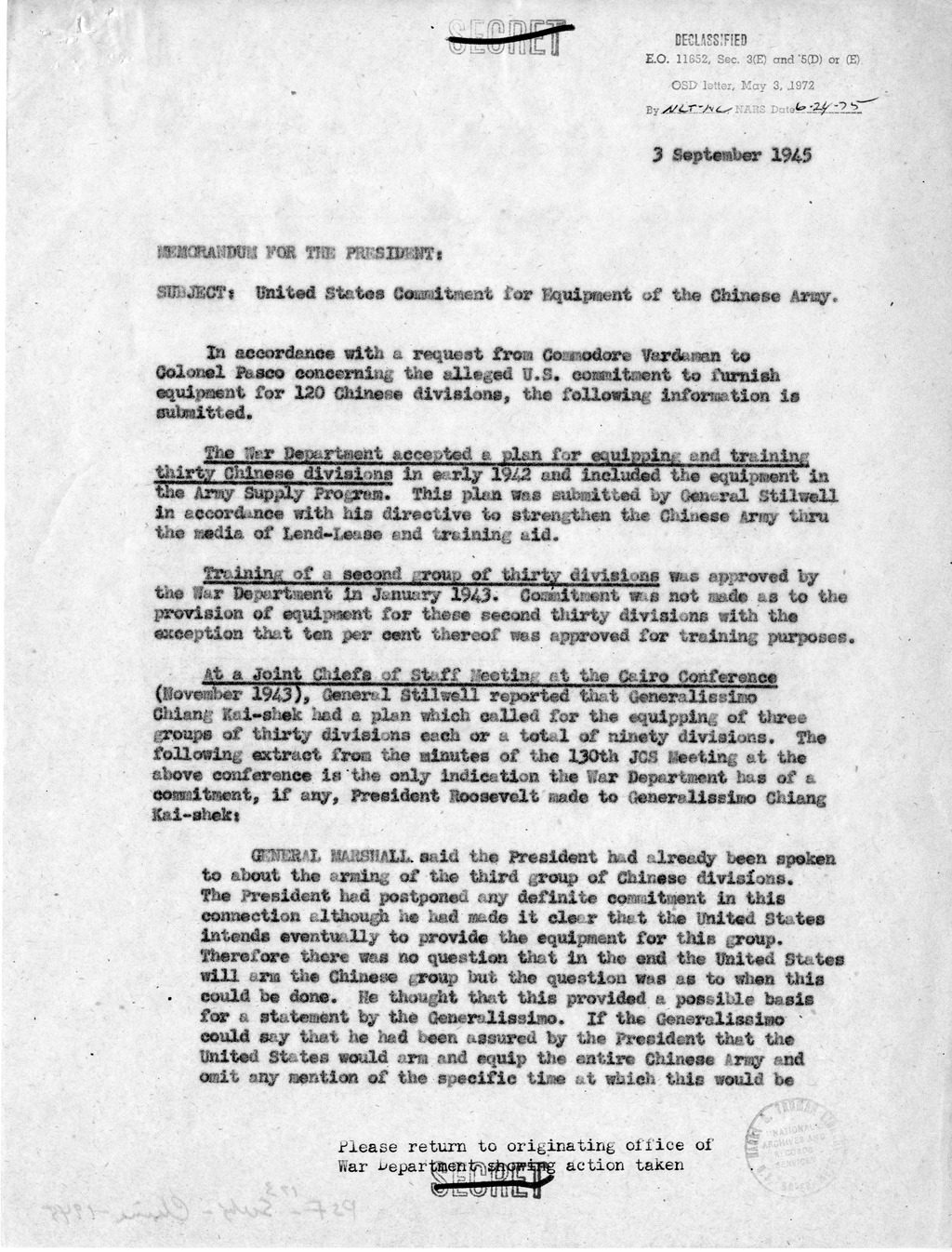 Memorandum from Lieutenant General J. E. Hull to President Harry S. Truman