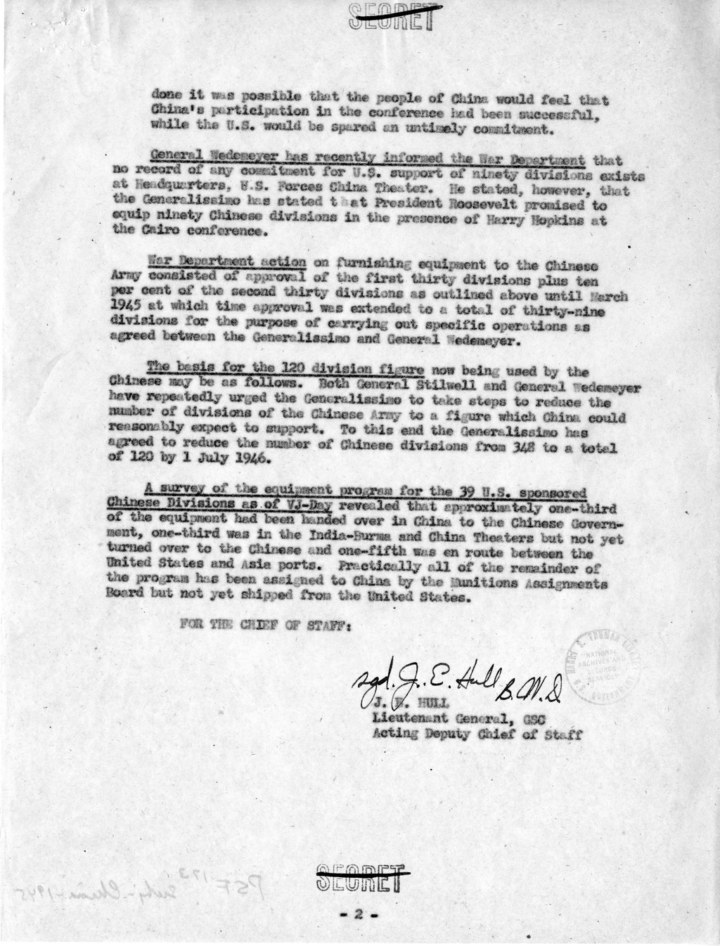 Memorandum from Lieutenant General J. E. Hull to President Harry S. Truman