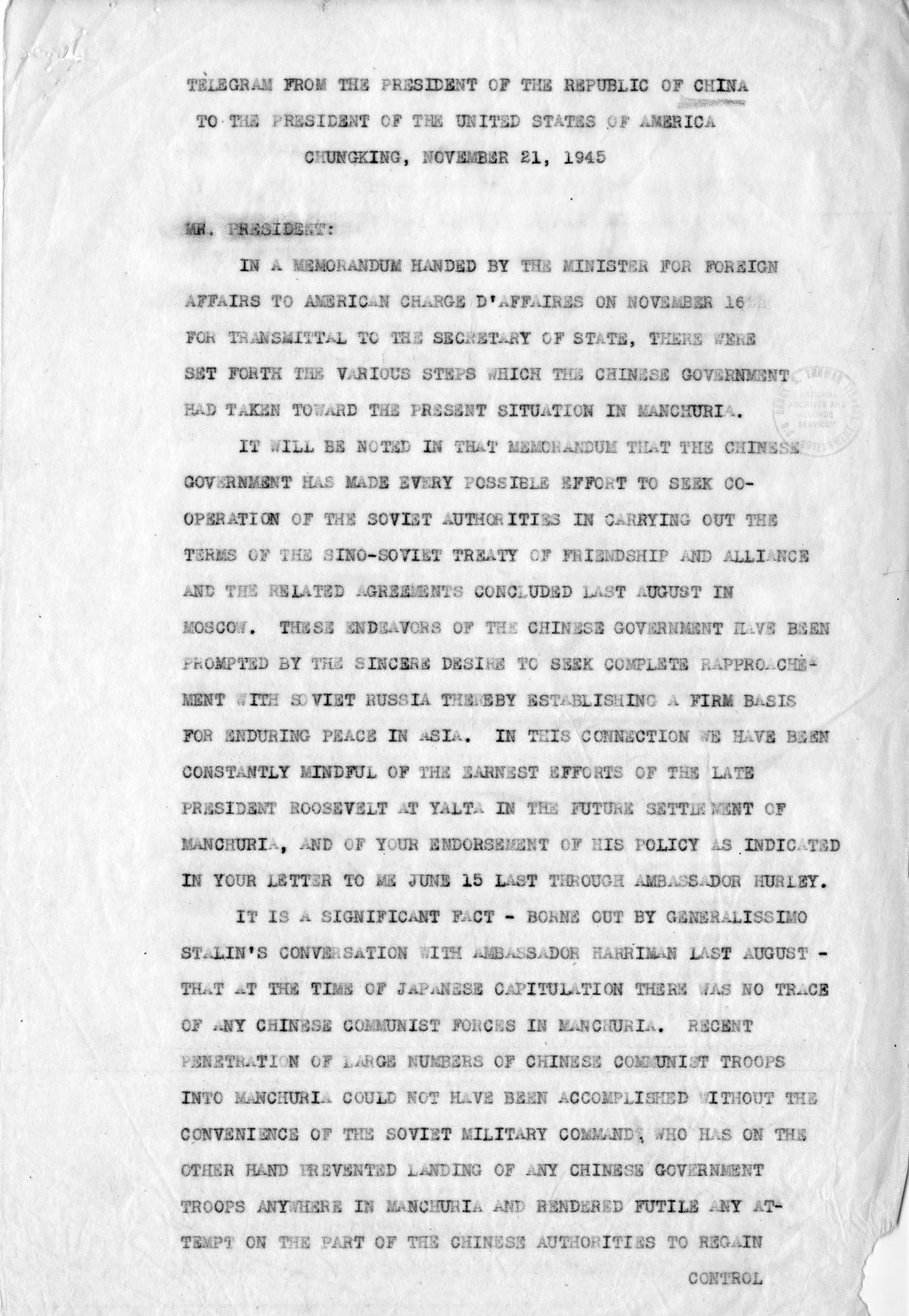 Memorandum from Secretary of State James F. Byrnes to President Harry S. Truman, with Attachment