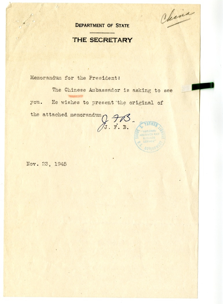 Memorandum from Secretary of State James F. Byrnes to President Harry S. Truman, with Attachment