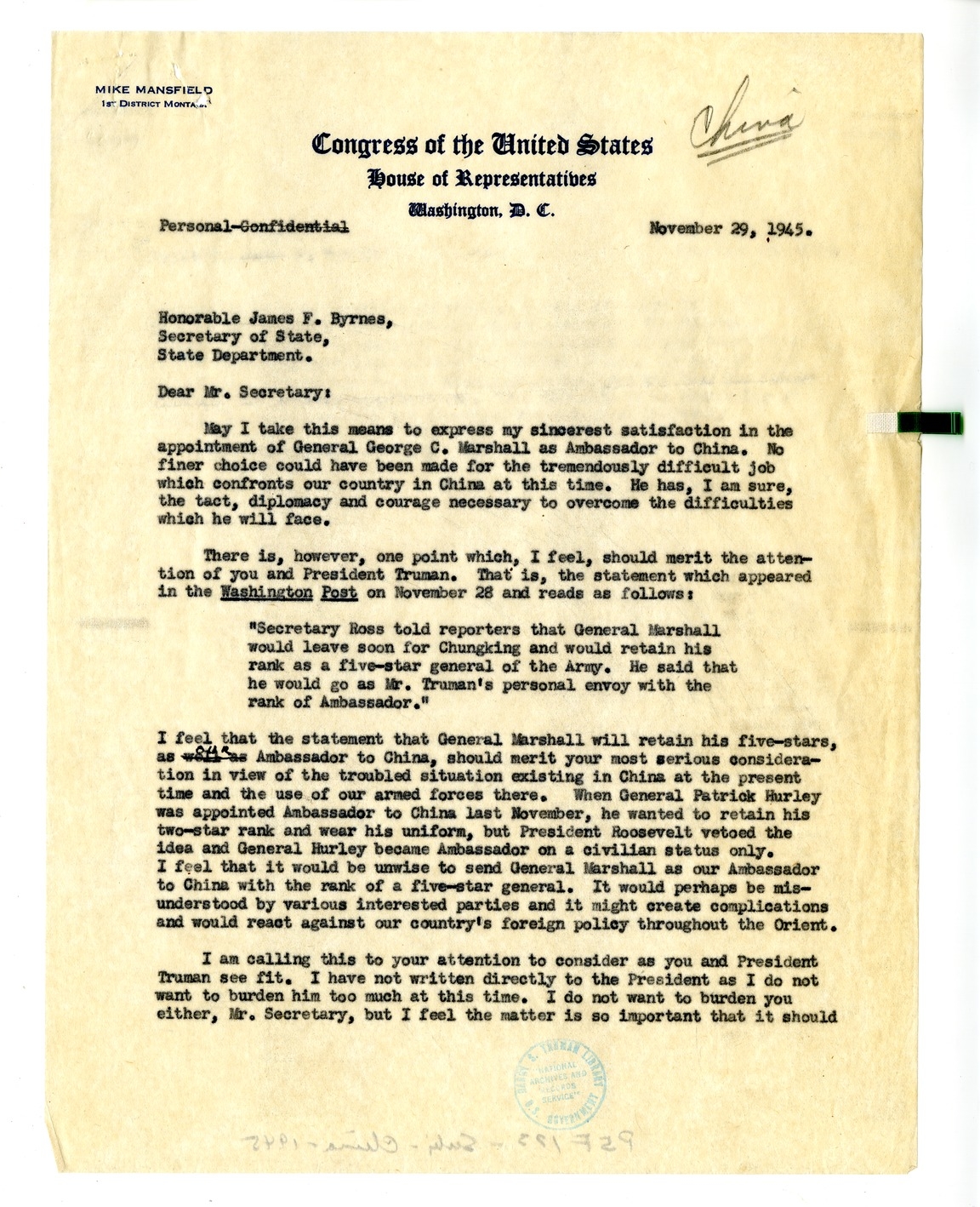 Memorandum from Representative Mike Mansfield to Matthew Connelly, with Attachment