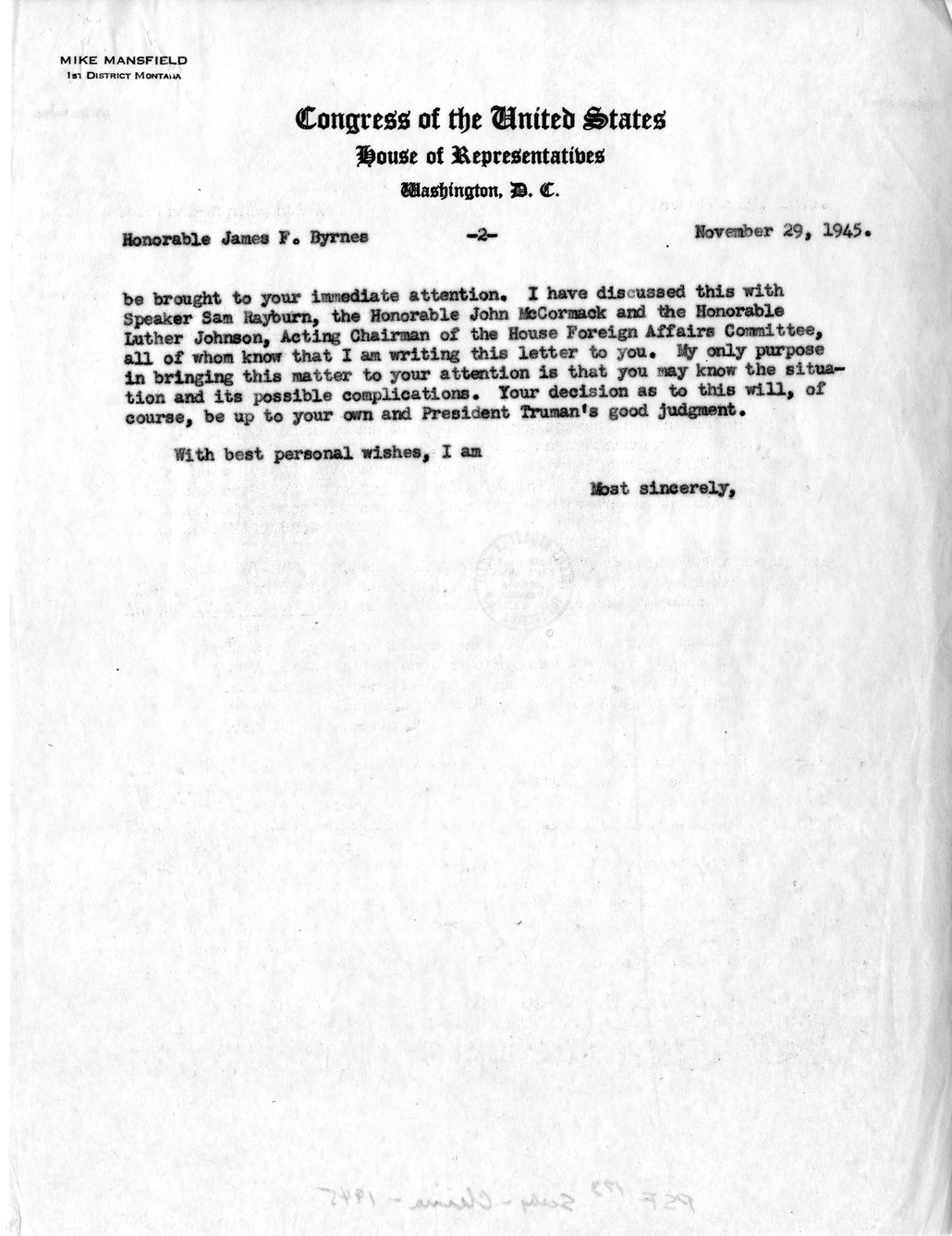 Memorandum from Representative Mike Mansfield to Matthew Connelly, with Attachment