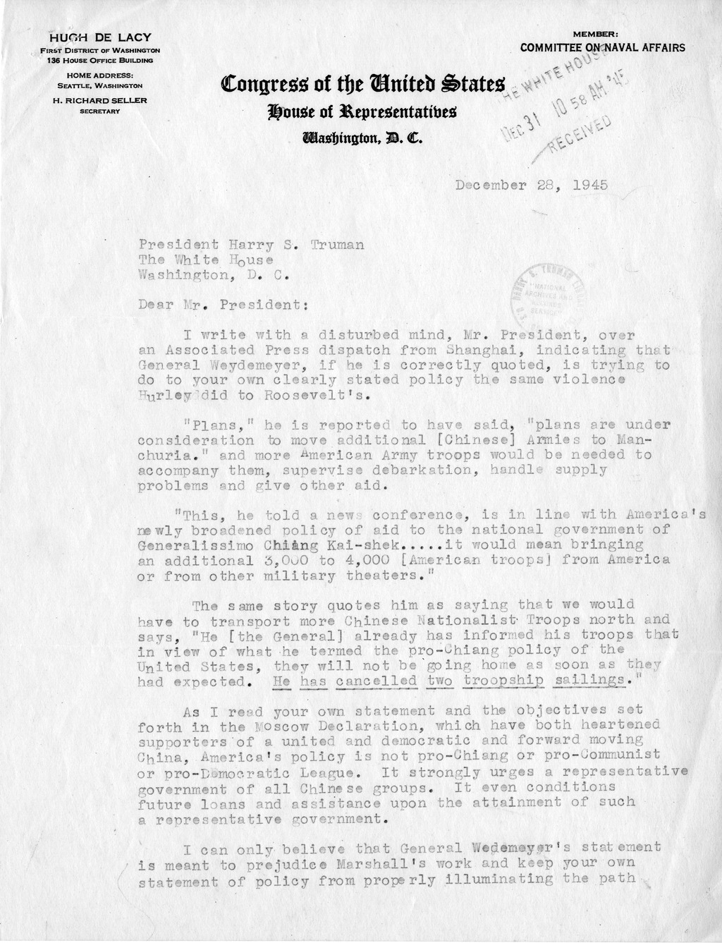 Correspondence from Representative Hugh DeLacy to President Harry S. Truman