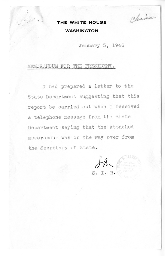Memorandum from Samuel Rosenman to President Harry S. Truman, With Attachments