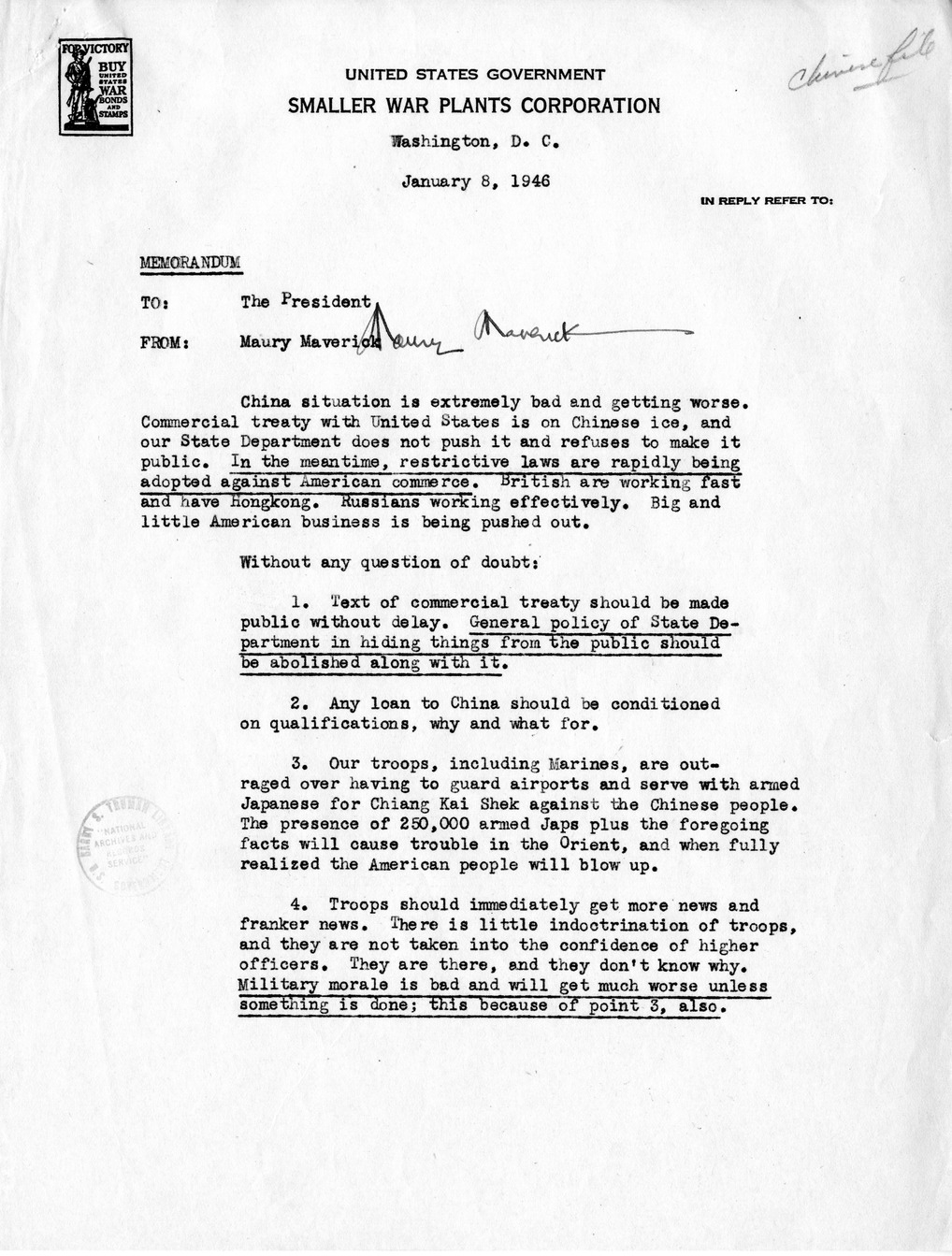 Memorandum from Samuel Rosenman to President Harry S. Truman, With Attachments