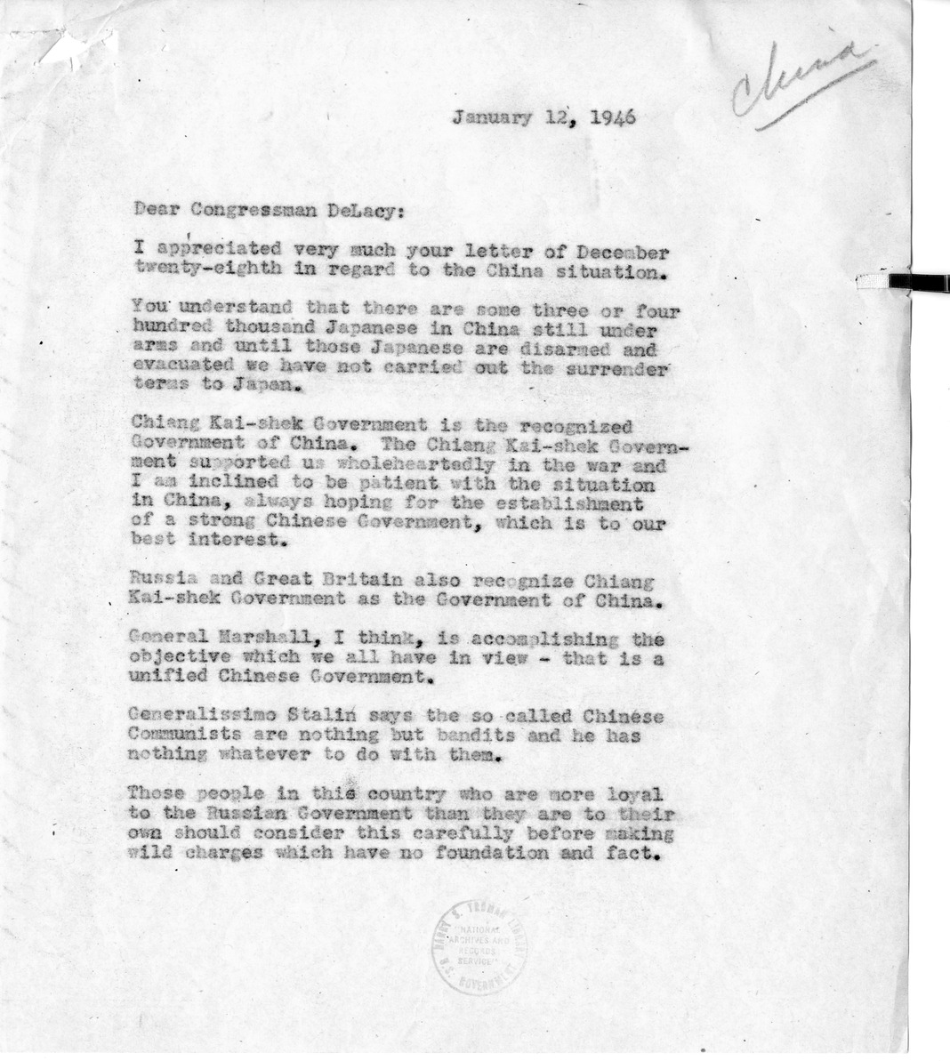 Letter from President Harry S. Truman to Congressman Hugh De Lacy