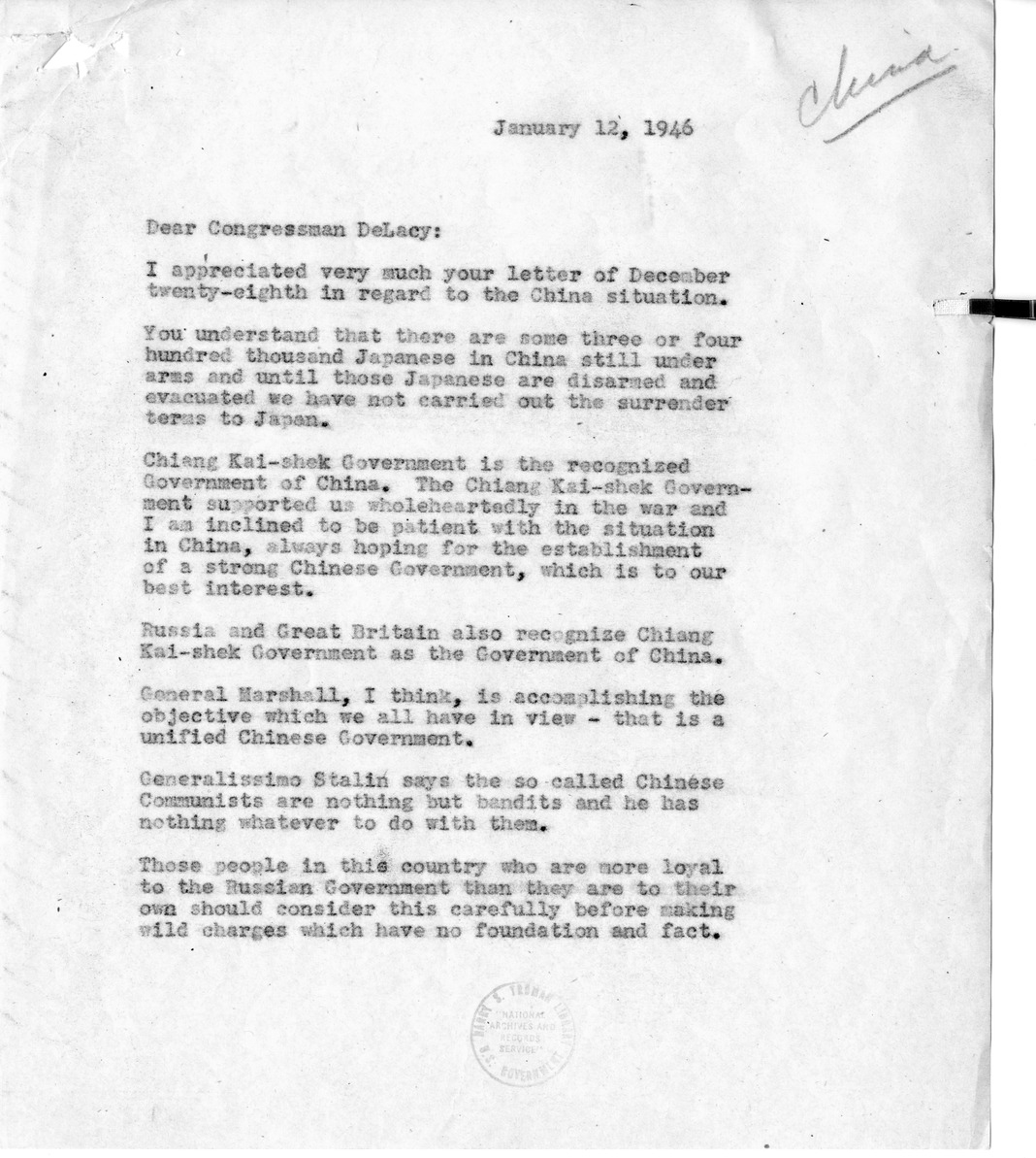 Letter from President Harry S. Truman to Congressman Hugh De Lacy