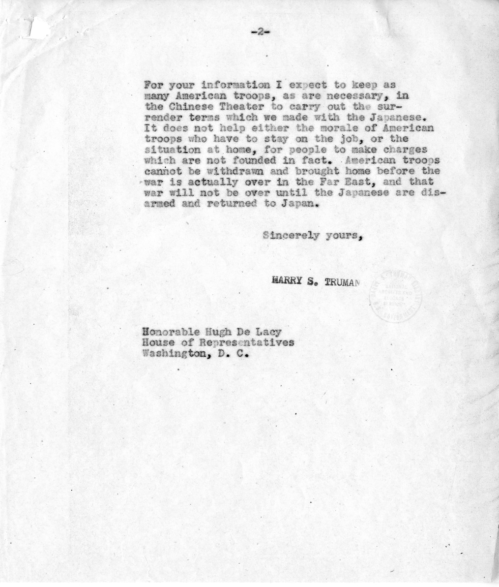 Letter from President Harry S. Truman to Congressman Hugh De Lacy