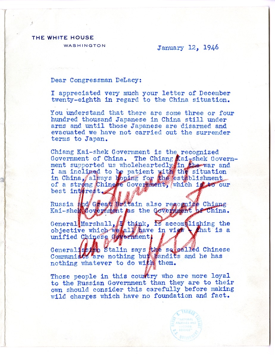 Letter from President Harry S. Truman to Congressman Hugh De Lacy