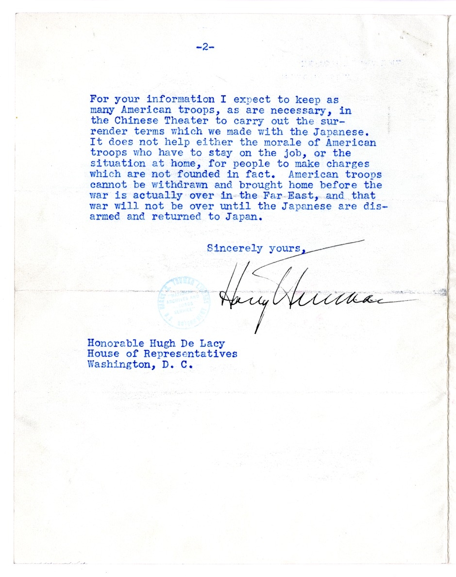 Letter from President Harry S. Truman to Congressman Hugh De Lacy