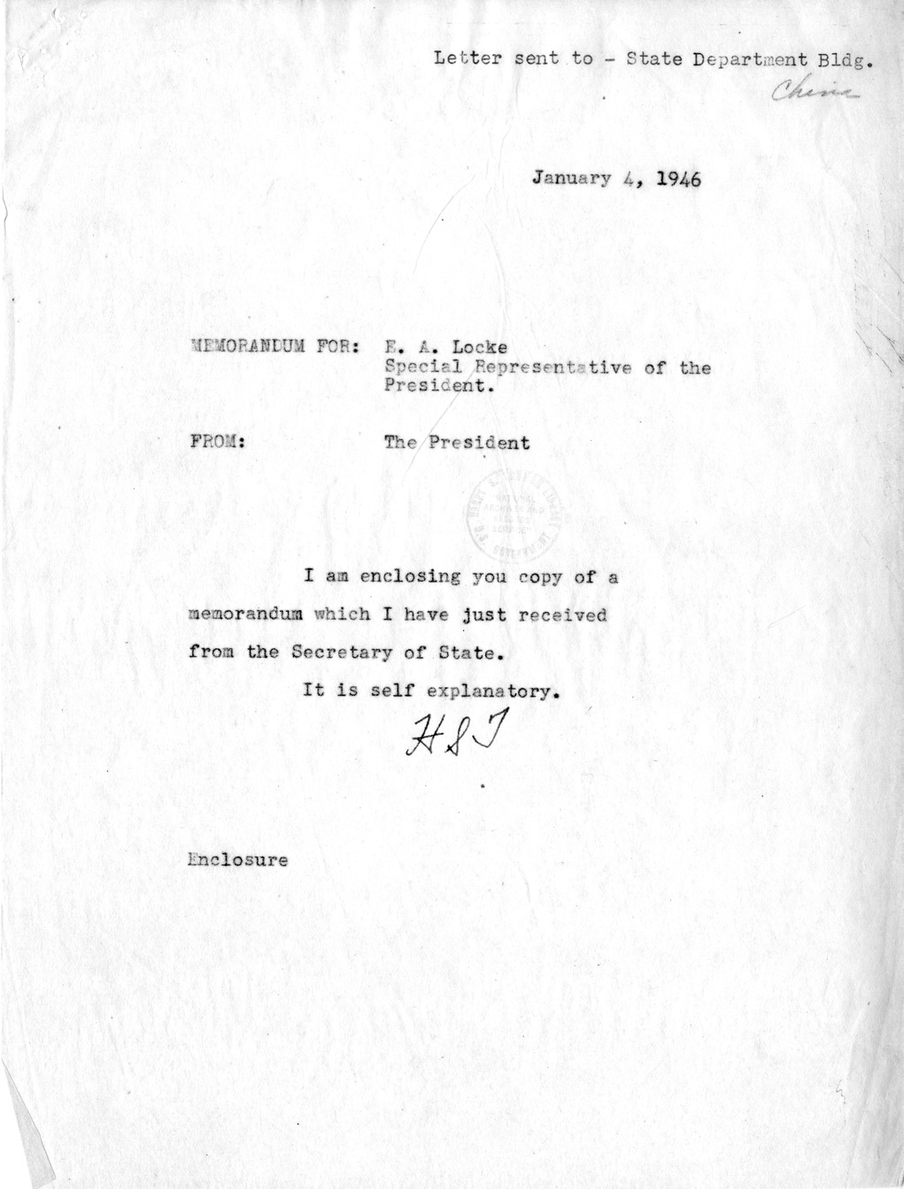 Memorandum from Secretary of State James Byrnes to President Harry S. Truman, with Attached Memoranda