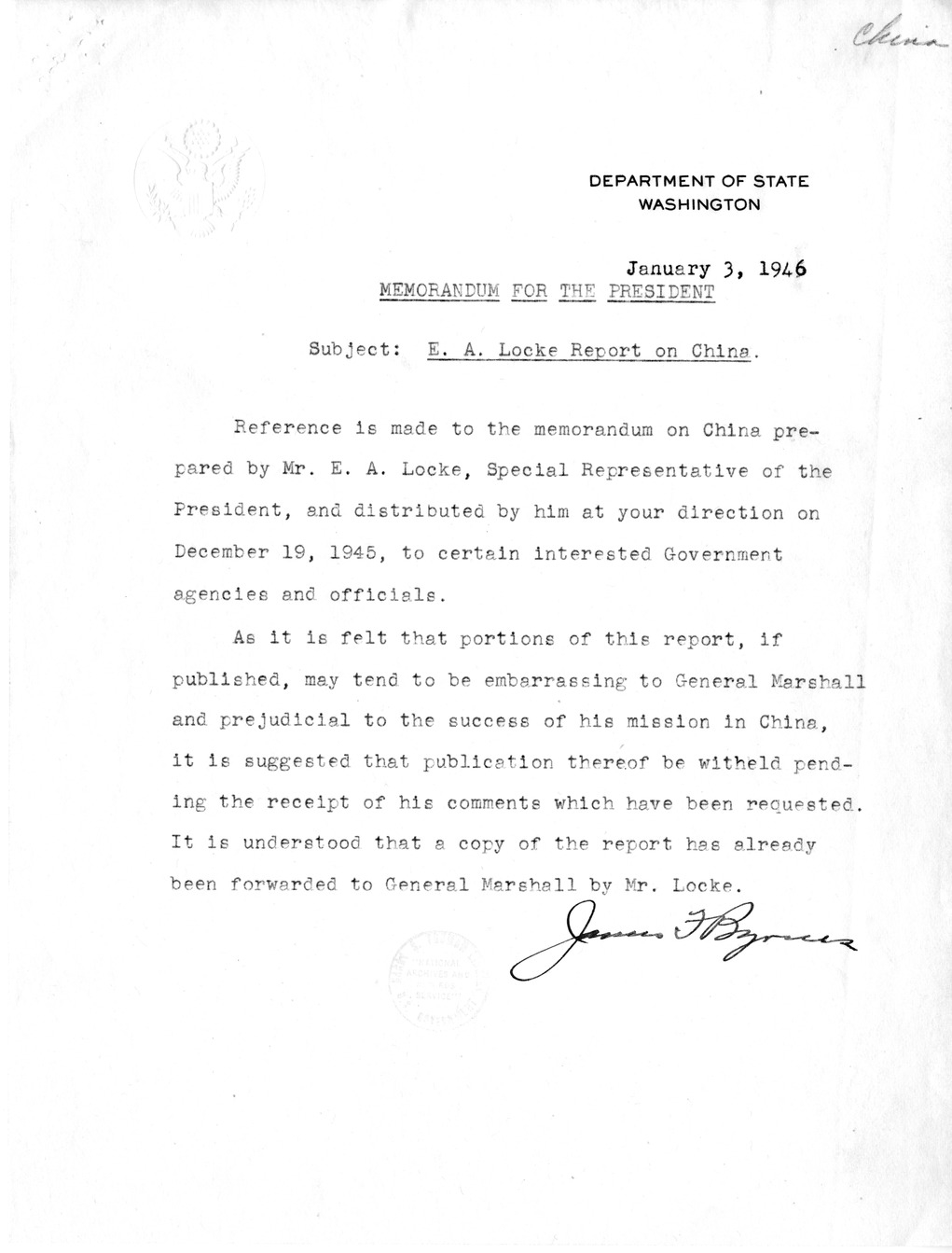 Memorandum from Secretary of State James Byrnes to President Harry S. Truman, with Attached Memoranda