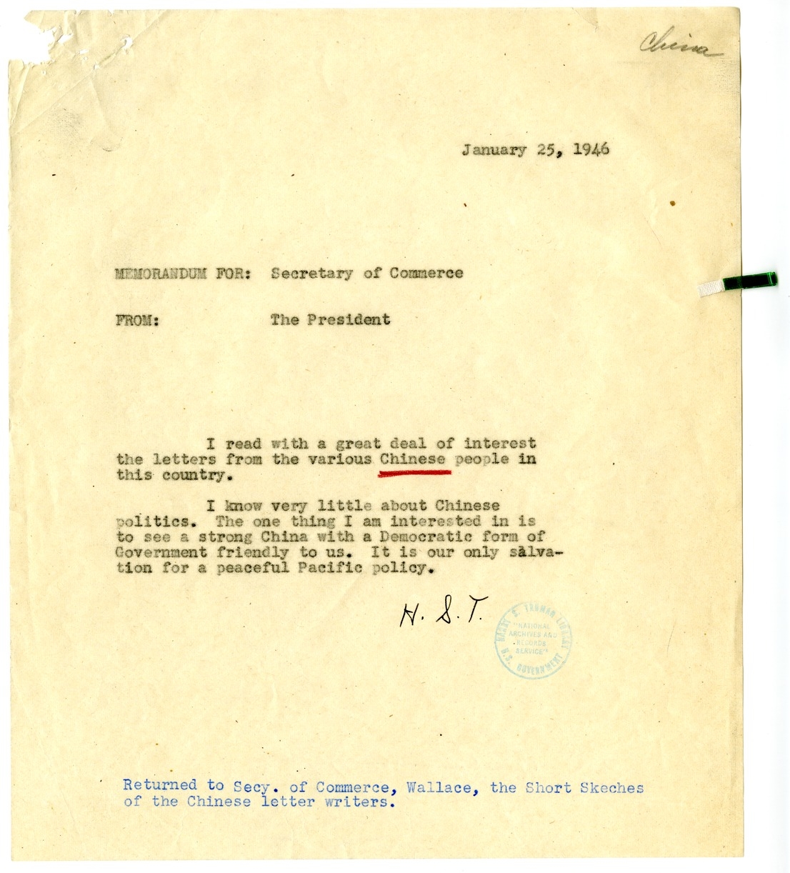 Memorandum from President Harry S. Truman to Secretary of Commerce Wallace with Attachments