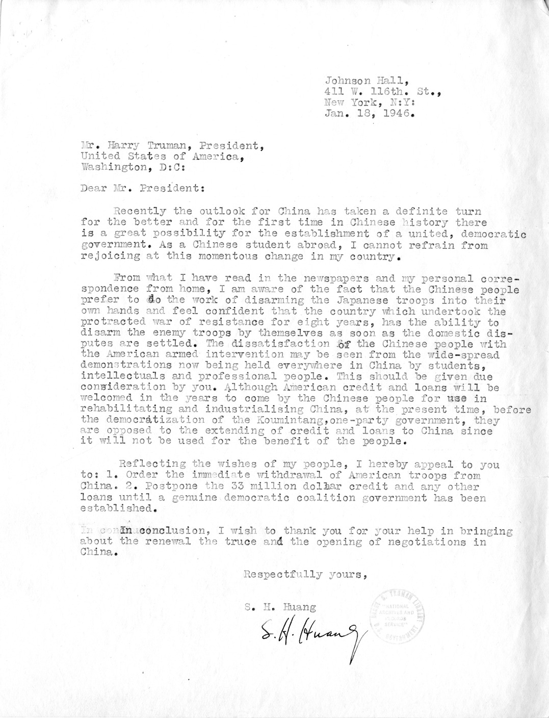 Memorandum from President Harry S. Truman to Secretary of Commerce Wallace with Attachments