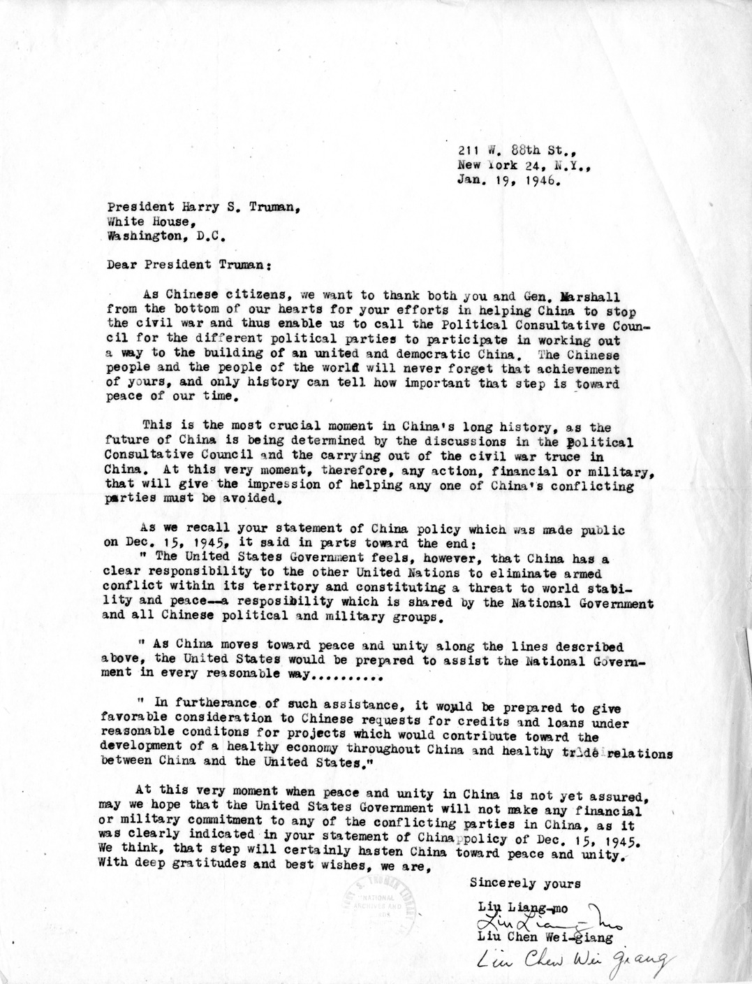 Memorandum from President Harry S. Truman to Secretary of Commerce Wallace with Attachments