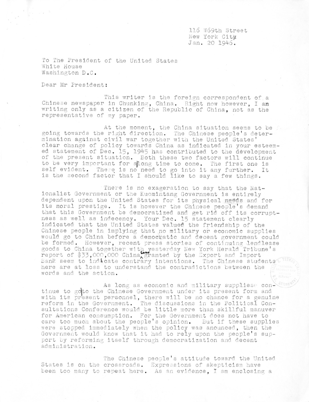 Memorandum from President Harry S. Truman to Secretary of Commerce Wallace with Attachments