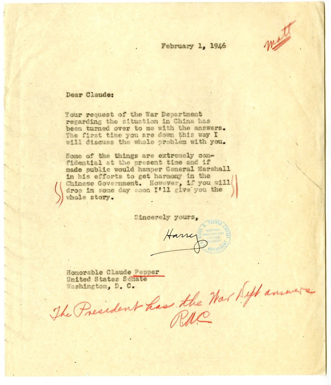 Letter from President Harry S. Truman to SenatorClaude Pepper
