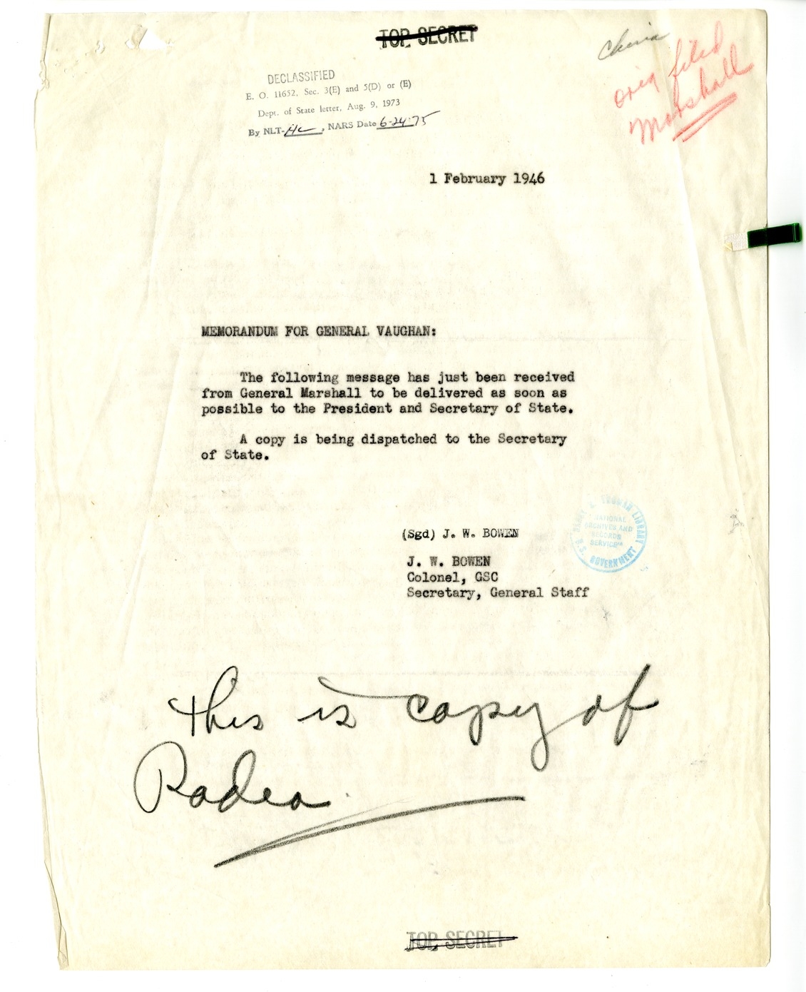 Memorandum from General George C. Marshall to President Harry S. Truman, with Cover Note from Colonel J. W. Bowen to General Harry Vaughan