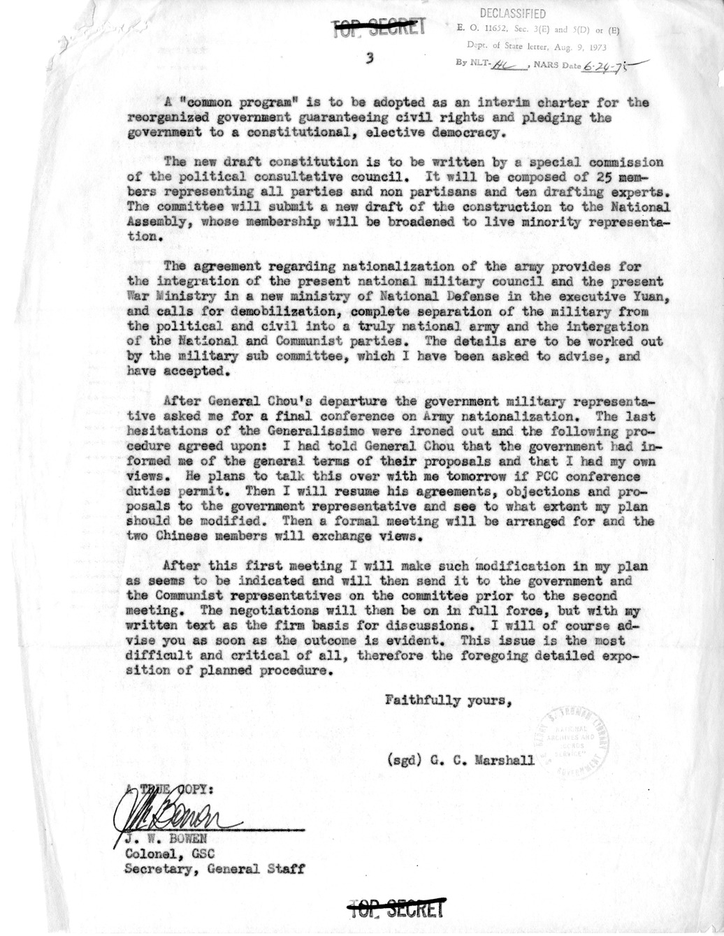 Memorandum from General George C. Marshall to President Harry S. Truman, with Cover Note from Colonel J. W. Bowen to General Harry Vaughan