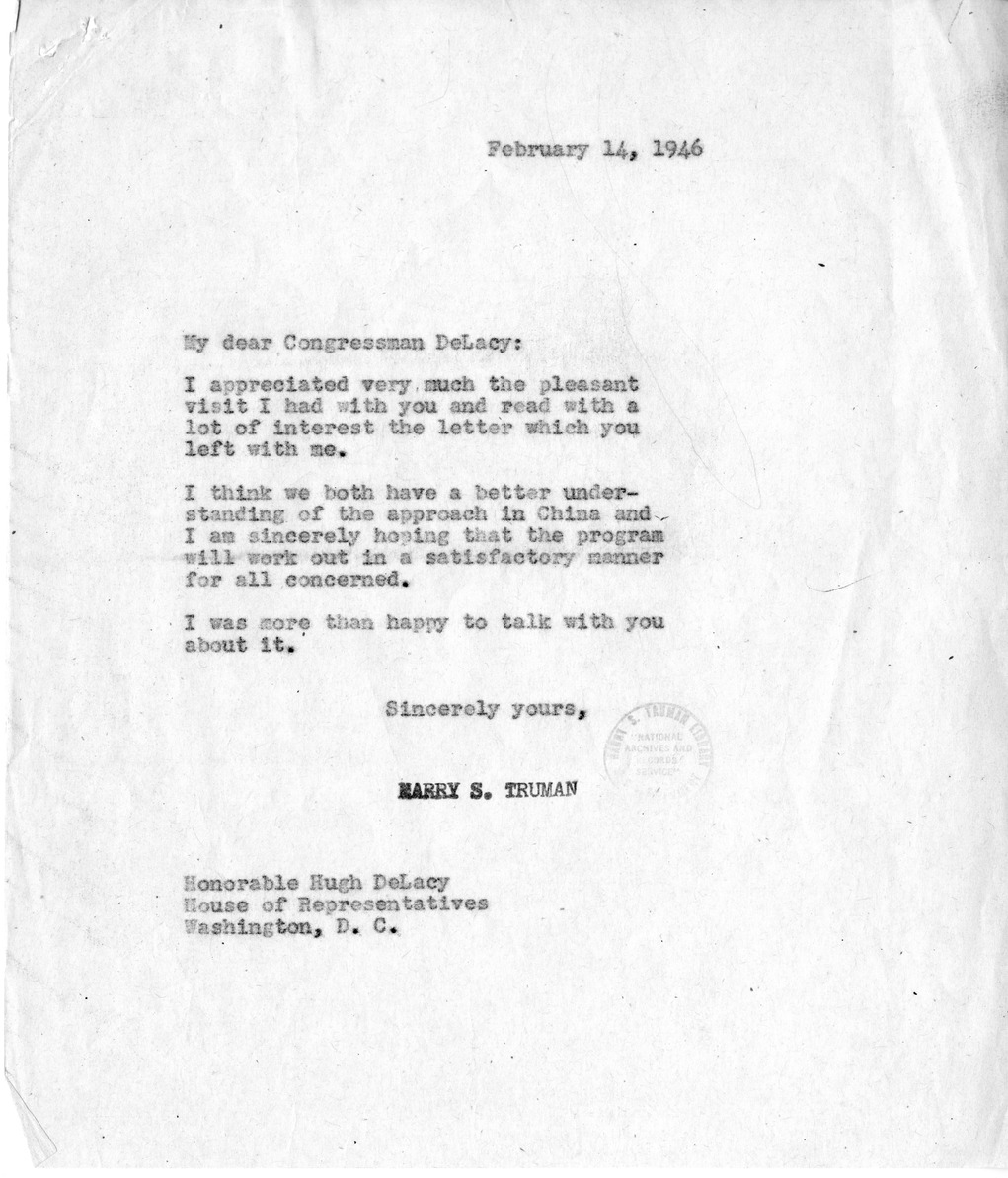 Correspondence Between President Harry S. Truman and Congressman Hugh DeLacy