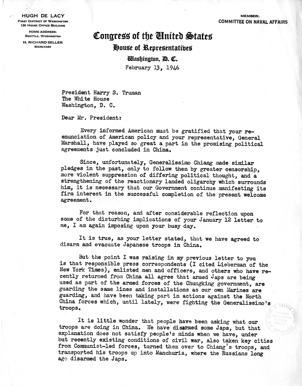 Correspondence Between President Harry S. Truman and Congressman Hugh DeLacy