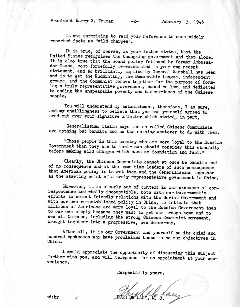 Correspondence Between President Harry S. Truman and Congressman Hugh DeLacy