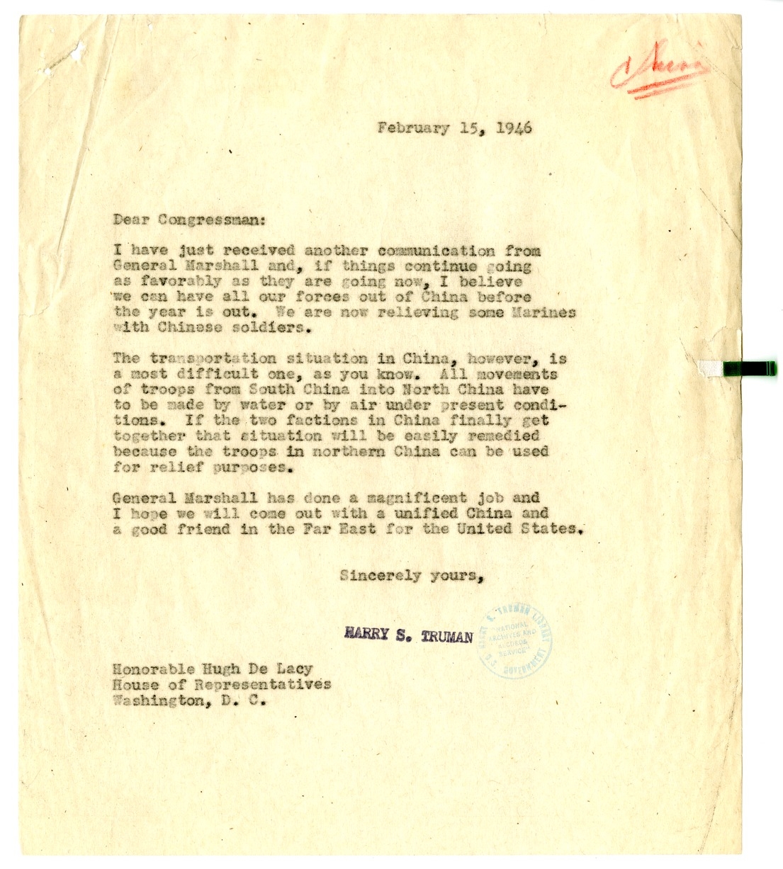 Correspondence Between President Harry S. Truman and Hugh DeLacy