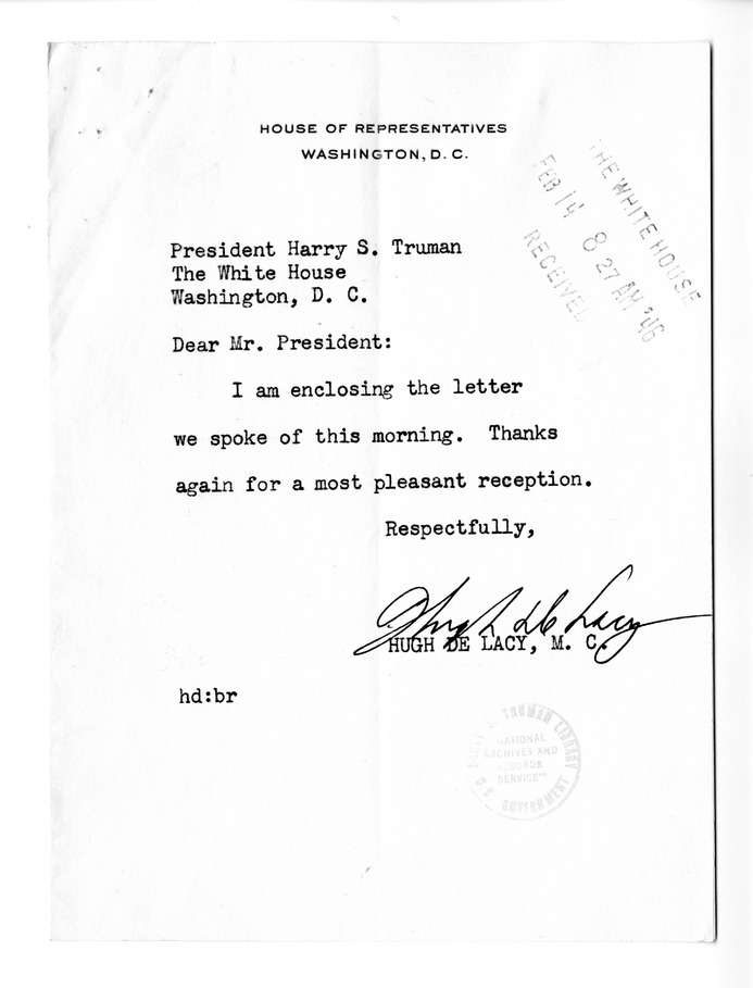Correspondence Between President Harry S. Truman and Hugh DeLacy