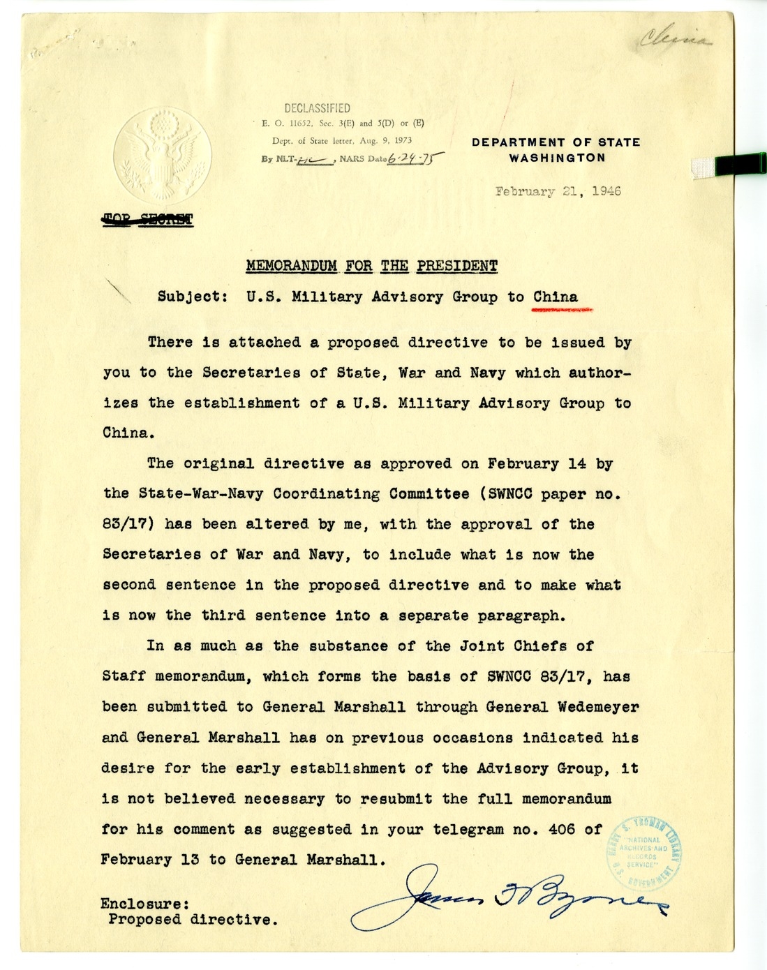 Memorandum from Secretary of State James Byrnes to President Harry S. Truman With Attachment