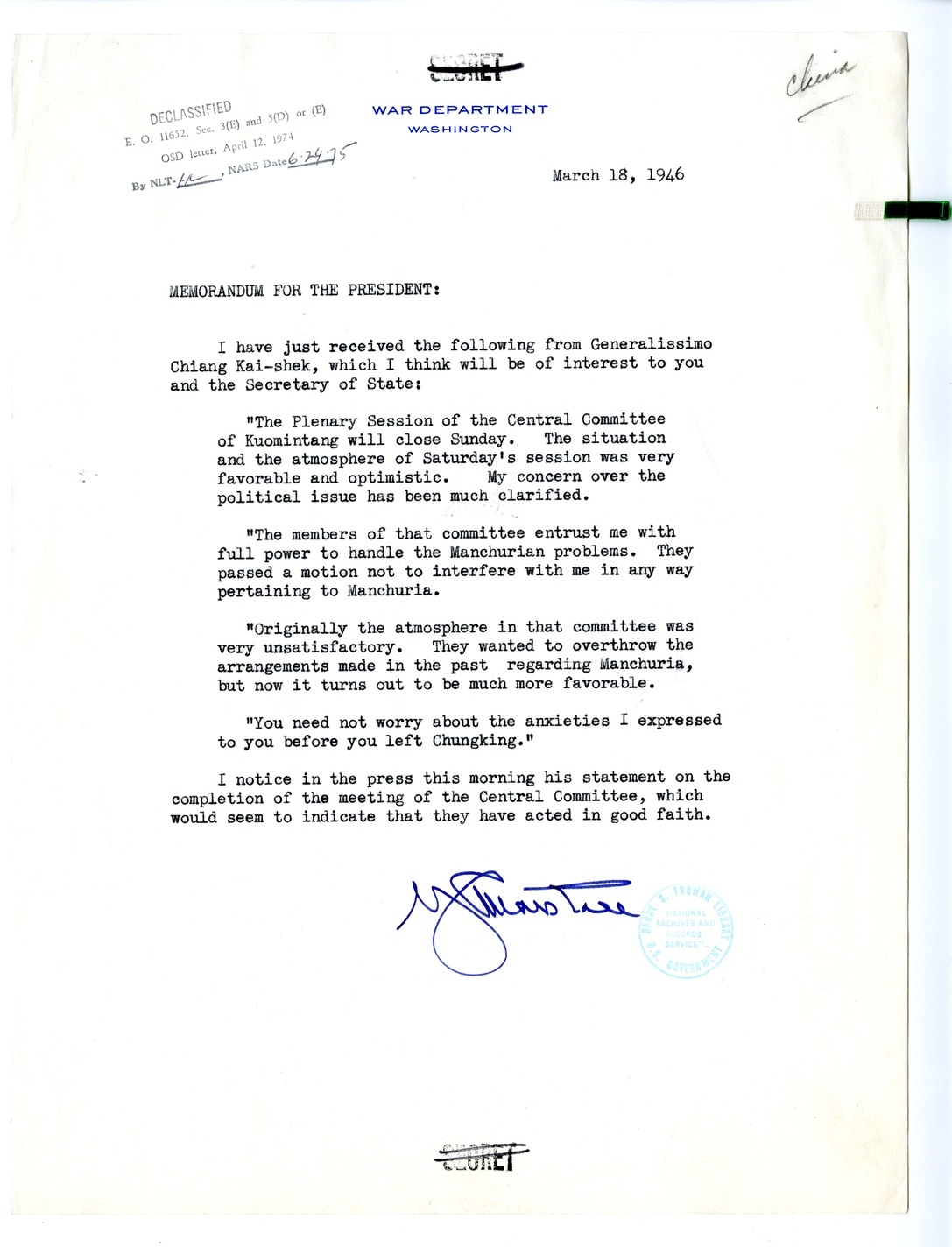 Memorandum from General George Marshall to President Harry S. Truman