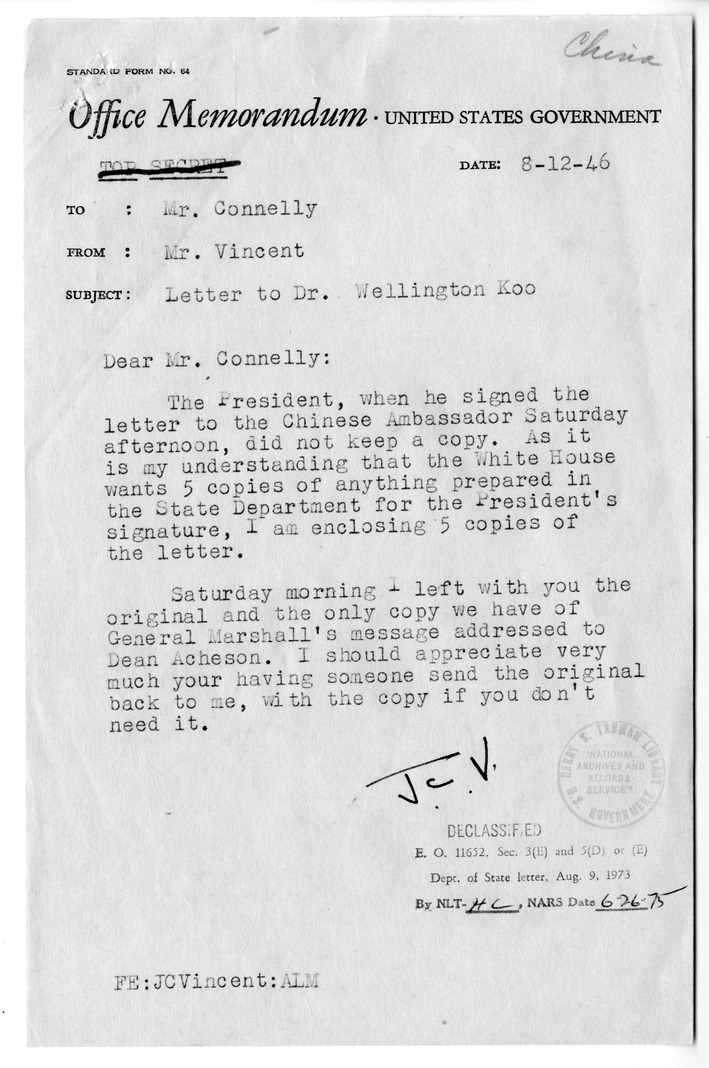 Memorandum from John Carter Vincent to Matthew Connelly with Attachment