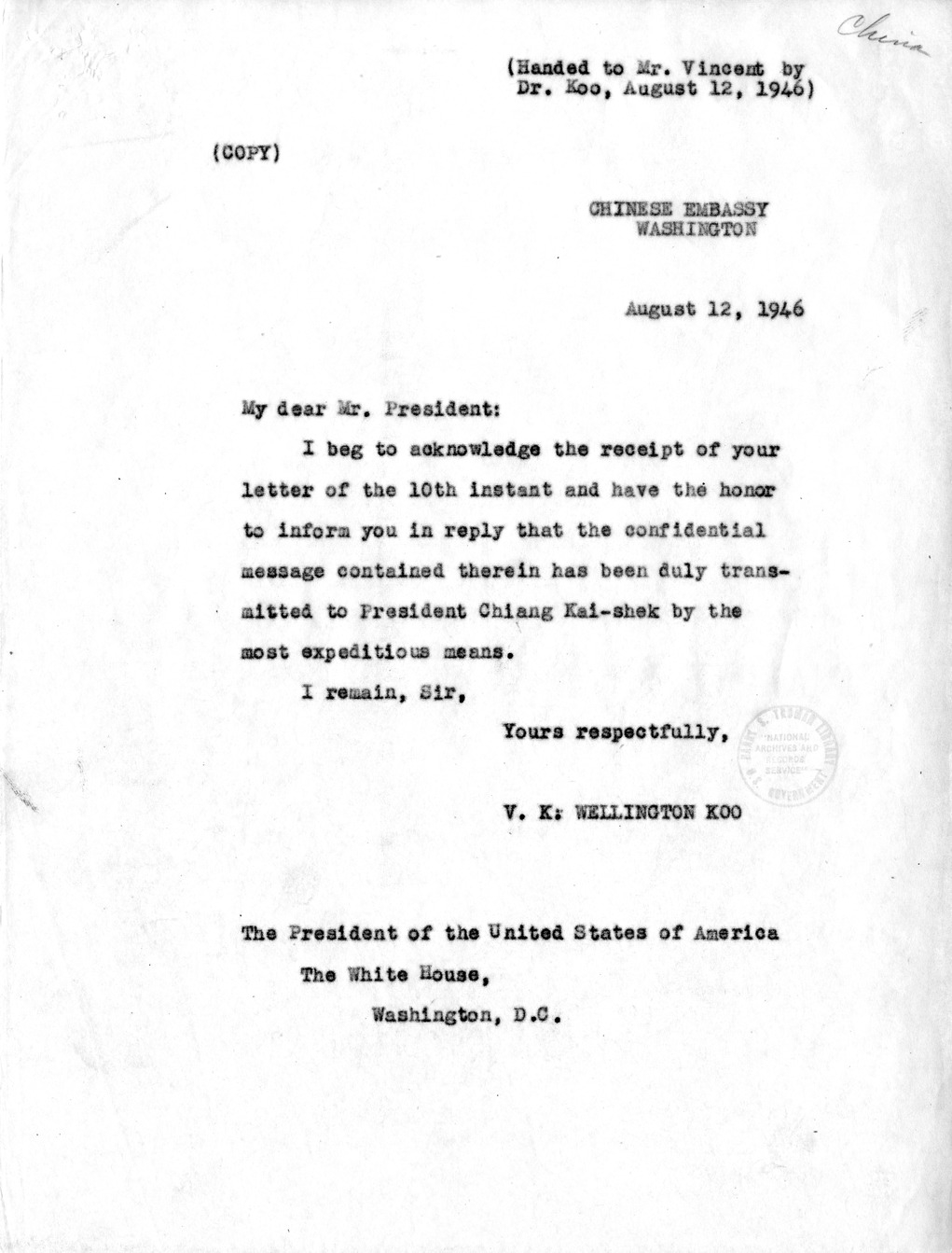Memorandum from Dean Acheson to President Harry S. Truman With Attached Memorandum of Conversation and Memorandum from V. K. Wellington Koo