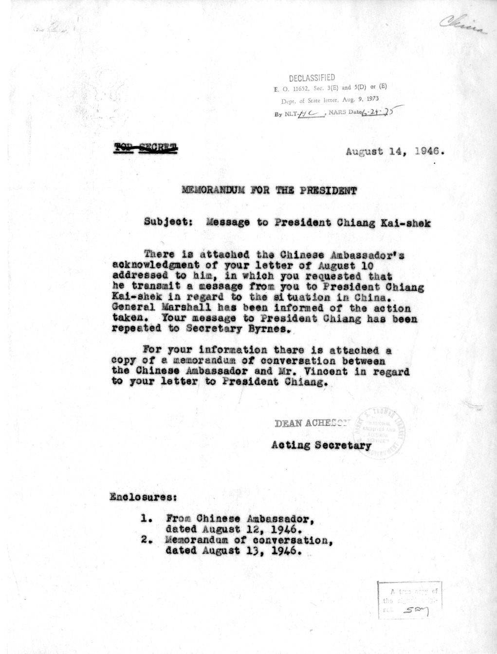 Memorandum from Dean Acheson to President Harry S. Truman With Attached Memorandum of Conversation and Memorandum from V. K. Wellington Koo