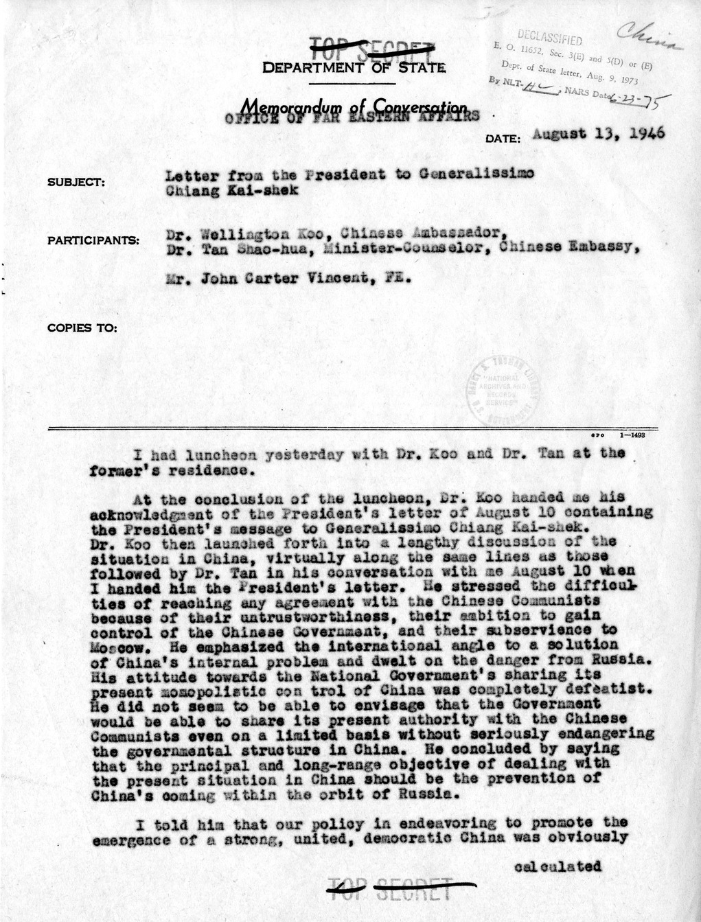 Memorandum from Dean Acheson to President Harry S. Truman With Attached Memorandum of Conversation and Memorandum from V. K. Wellington Koo