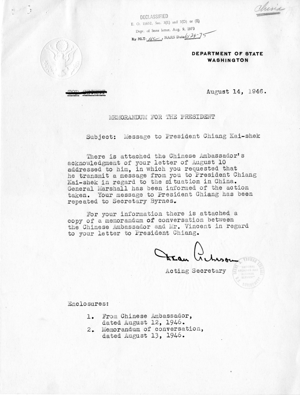 Memorandum from Dean Acheson to President Harry S. Truman With Attached Memorandum of Conversation and Memorandum from V. K. Wellington Koo