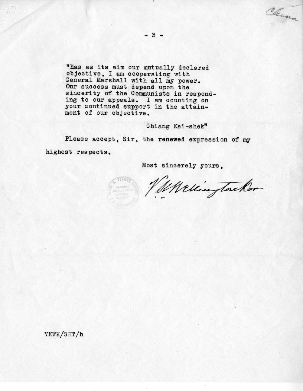 Memorandum from V. K. Wellington Koo to President Harry S. Truman