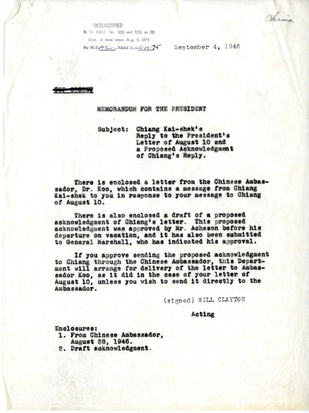 Memorandum from Will Clayton to President Harry S. Truman, With Attachments